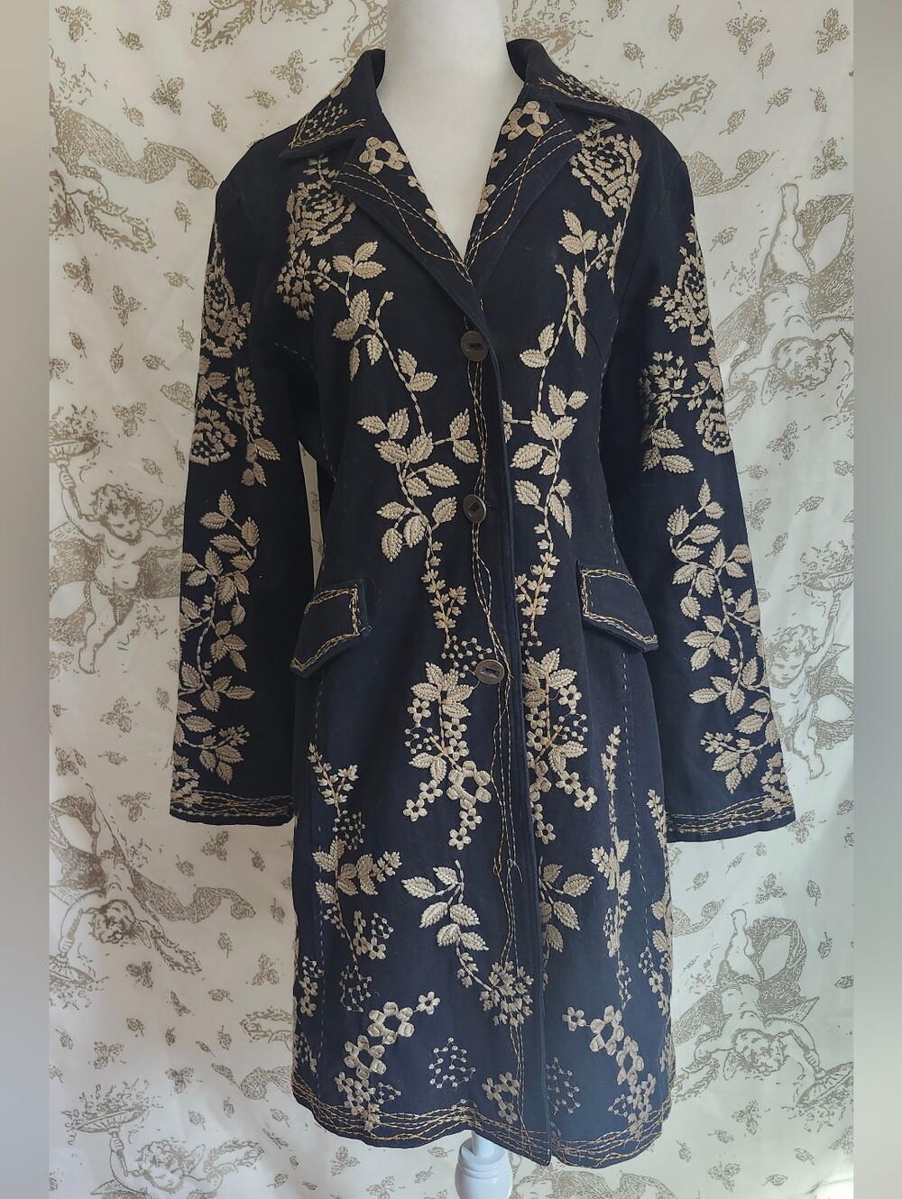 Y2k Whimsigoth Floral Heavy Embroidered Long Jacket Black Cotton Twill Boho M